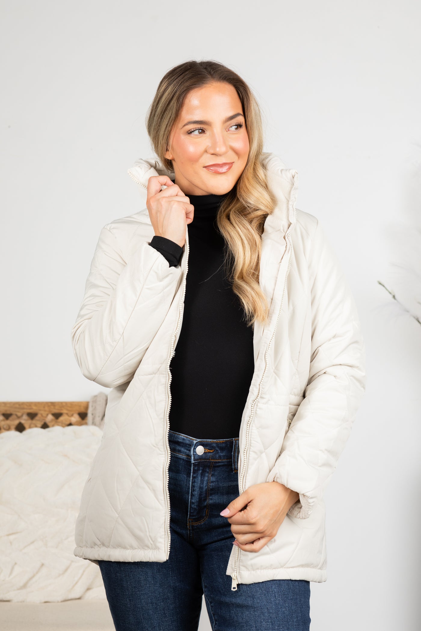 Quilted Puffer Jacket With Cinched Waist