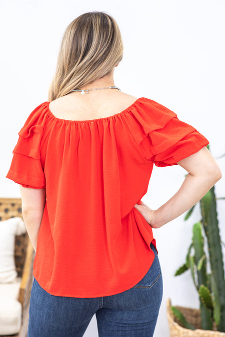 Red Tiered Puff Sleeve Woven Top