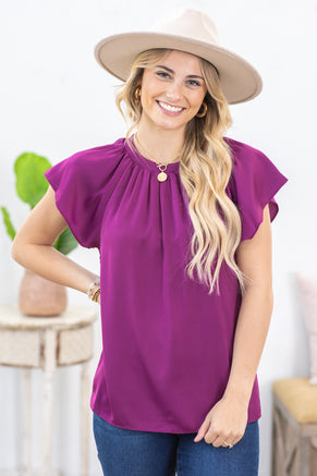 Berry Pleated Flutter Sleeve Satin Woven Top