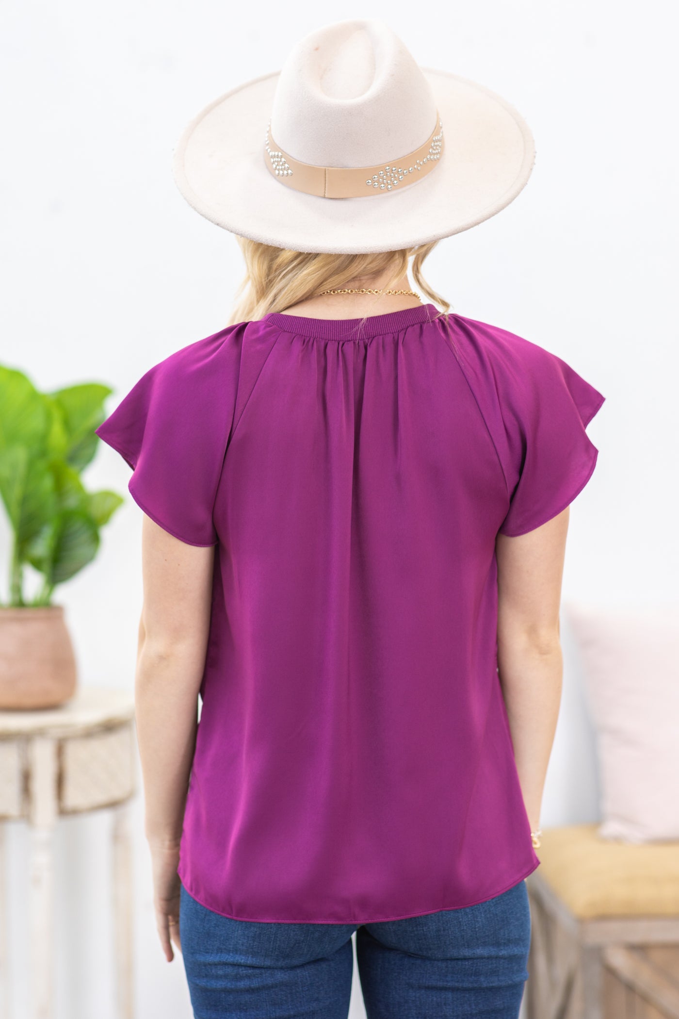 Berry Pleated Flutter Sleeve Satin Woven Top