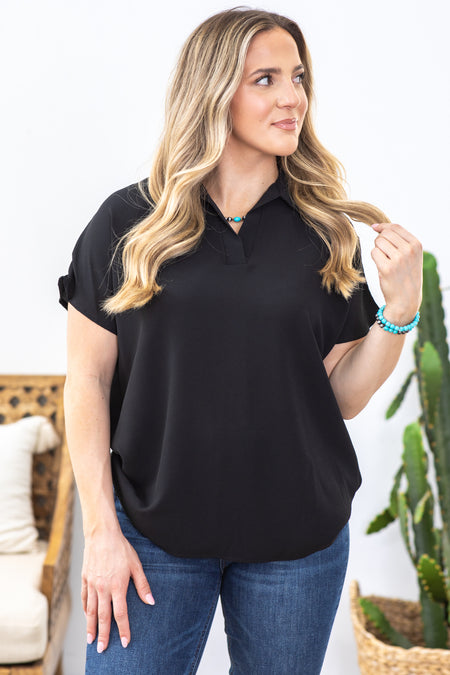 Black Wrinkle Free Top With Collar