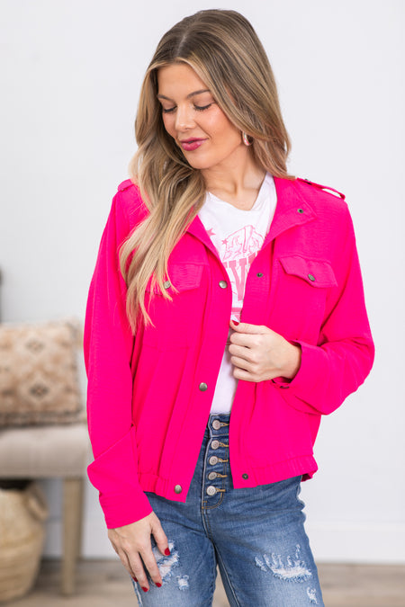 Hot Pink Snap Button Jacket With Chest Pockets