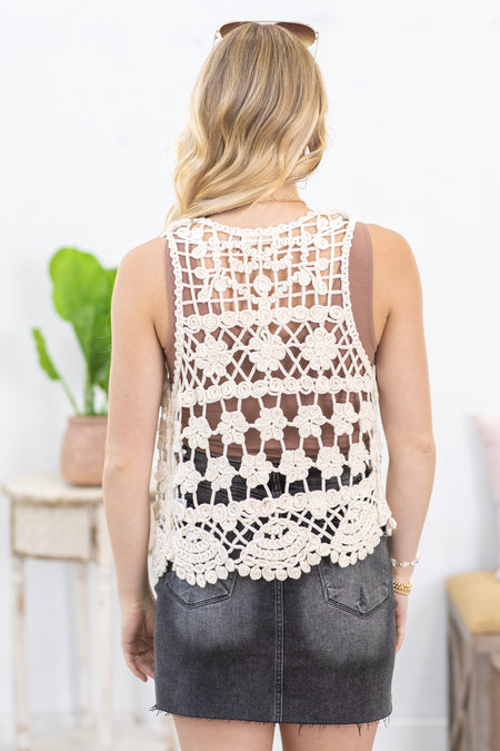 Beige Braid Crochet Scalloped Hem Vest