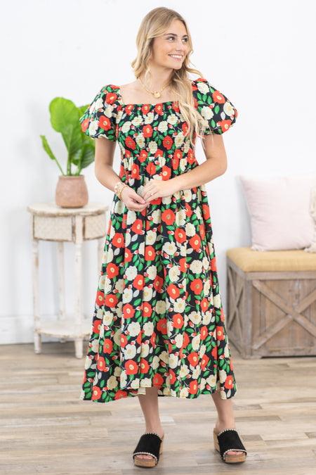 Black Floral Puff Short Sleeves Midi Dress