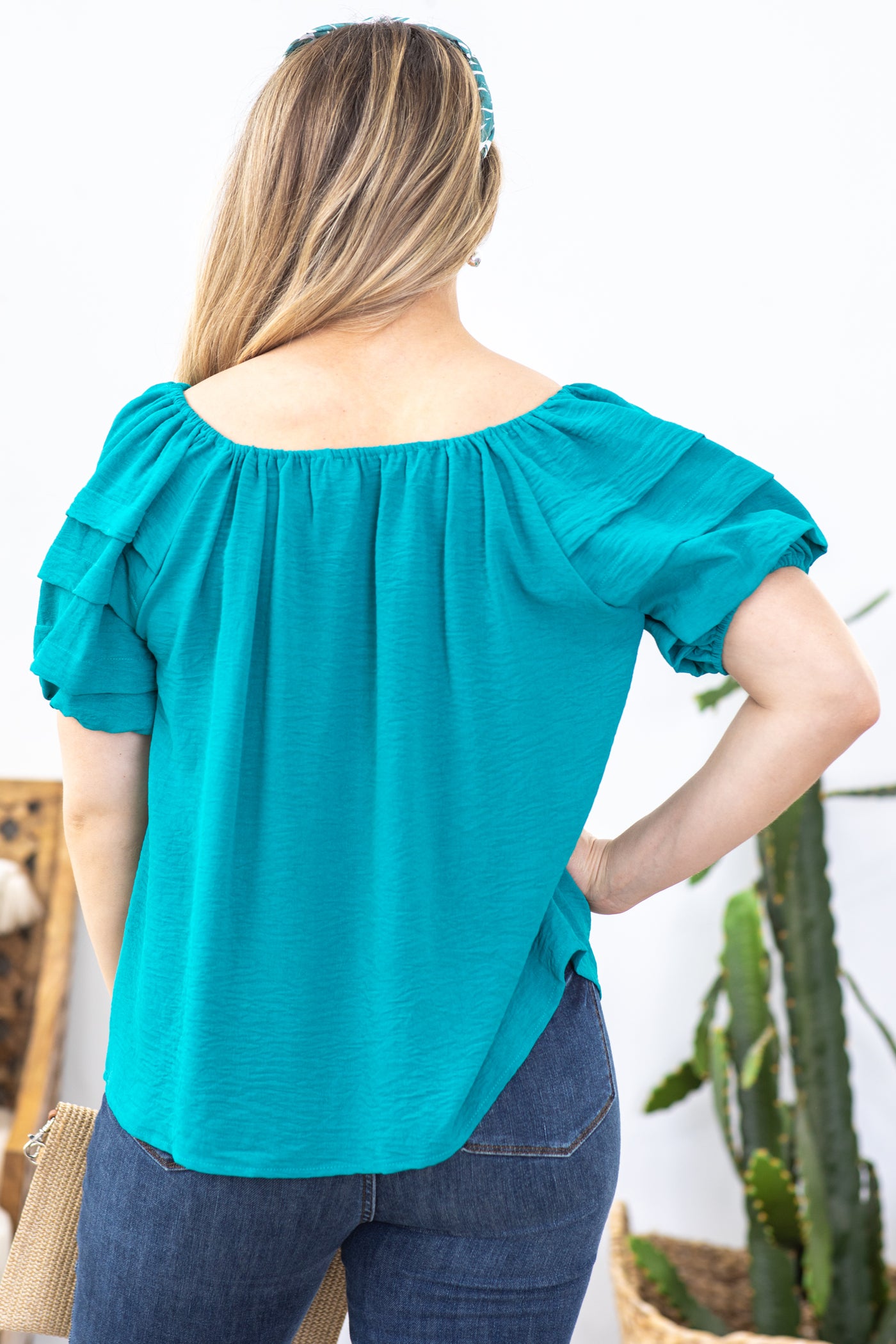 Teal Tiered Puff Sleeve Woven Top