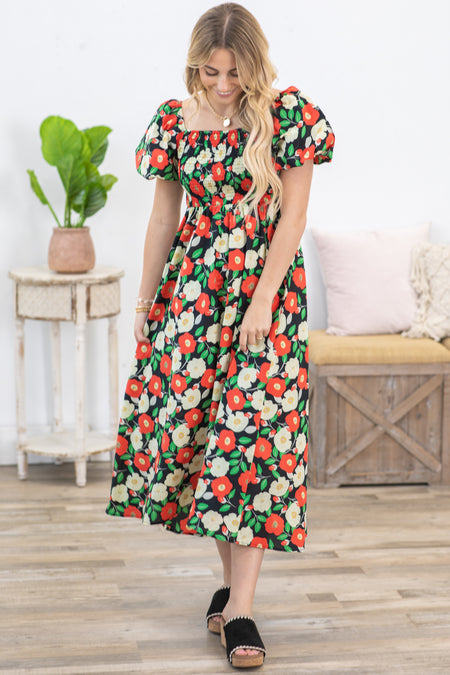 Black Floral Puff Short Sleeves Midi Dress