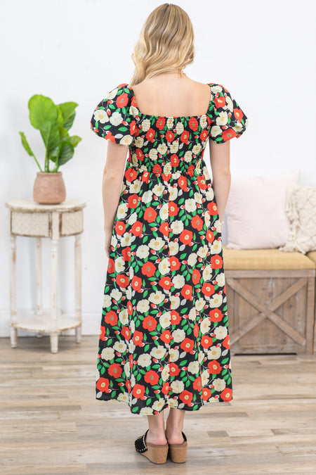 Black Floral Puff Short Sleeves Midi Dress