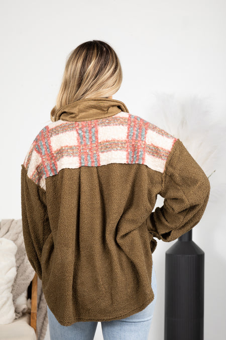 Olive Plaid Sherpa Yoke Shacket