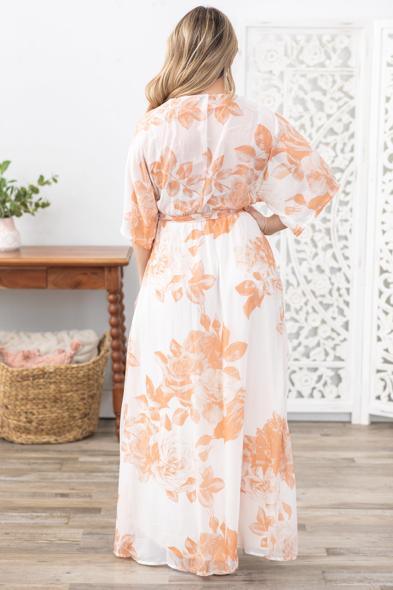 Peach Floral With Adjustable Belt Maxi Dress Filly Flair