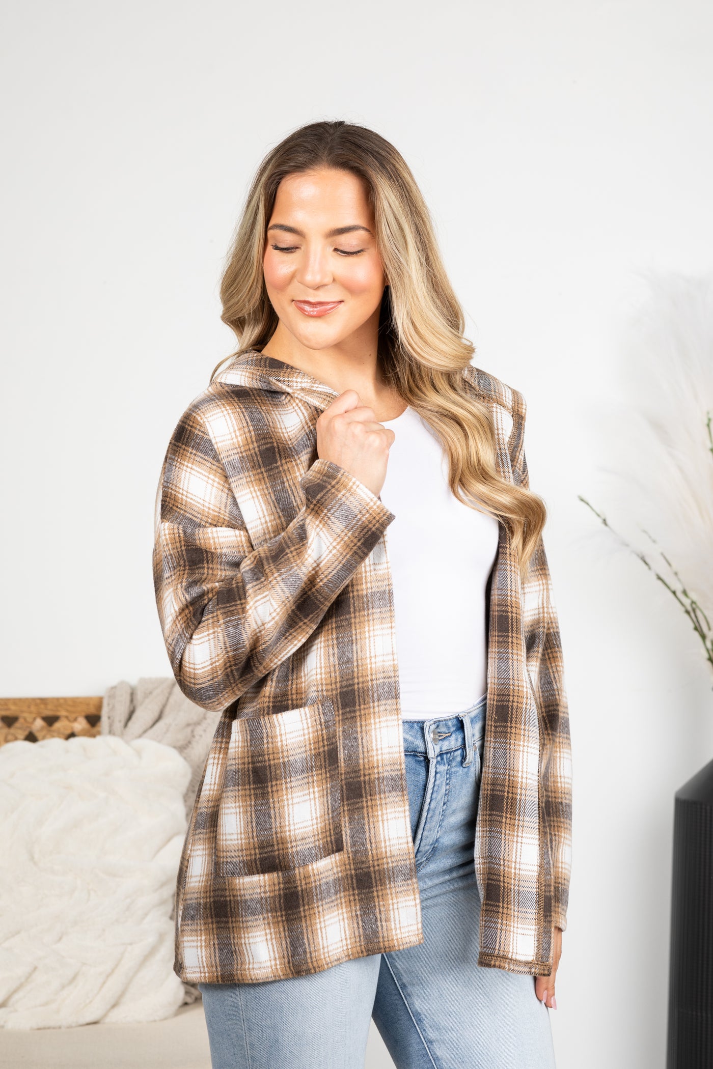 Brown Multicolor Plaid Hoodie Jacket