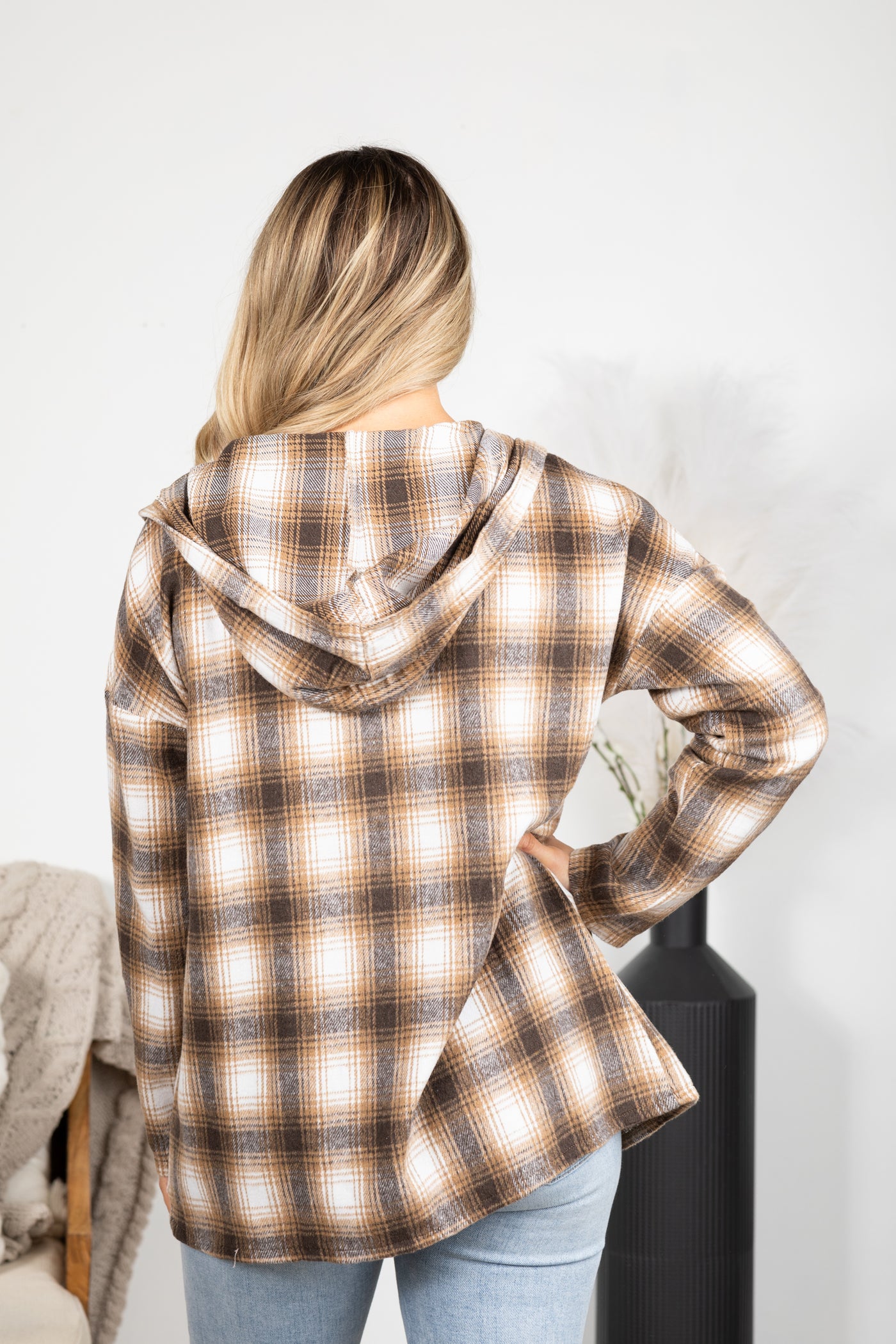 Brown Multicolor Plaid Hoodie Jacket