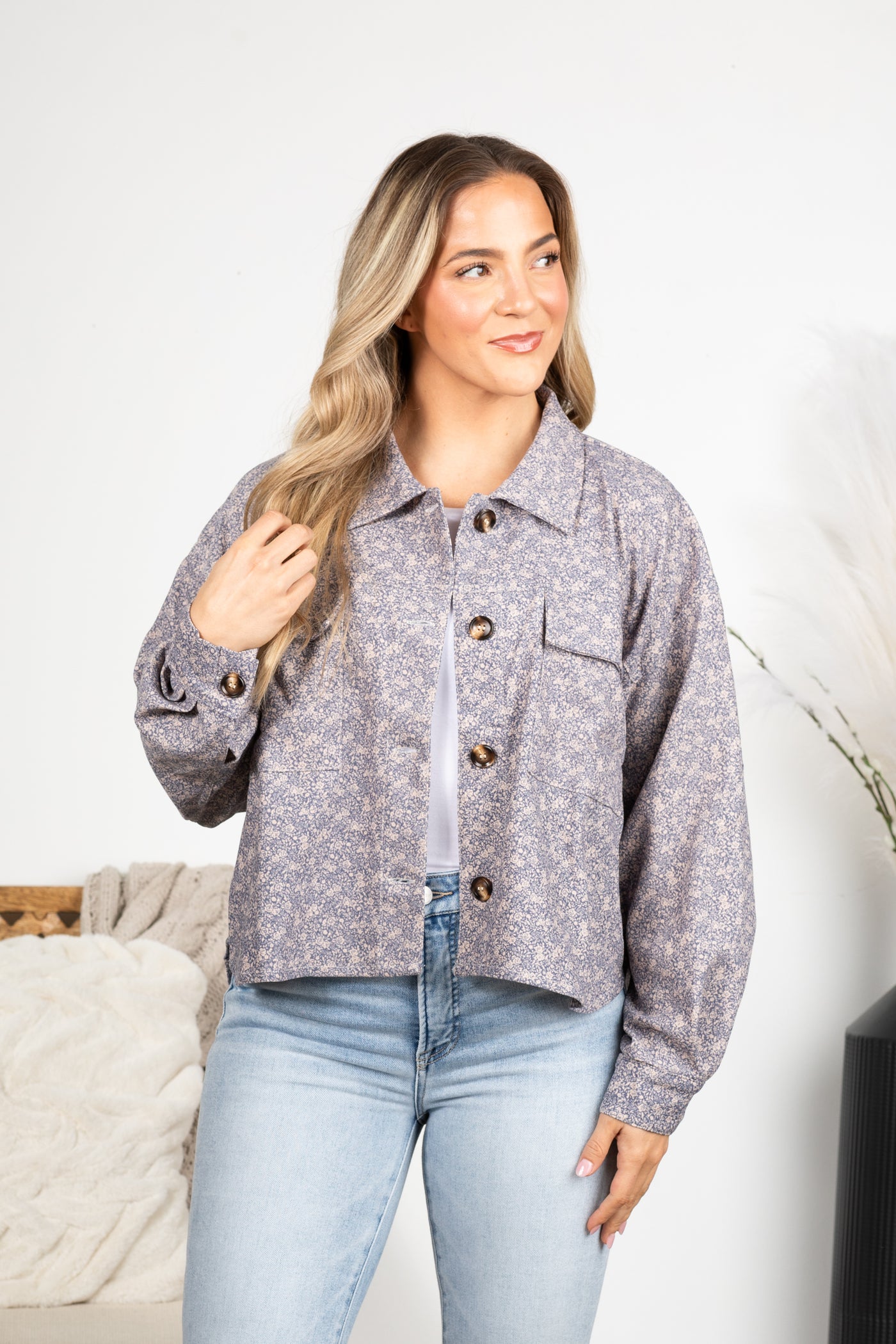 Denim Floral Lightweight Button Up Jacket