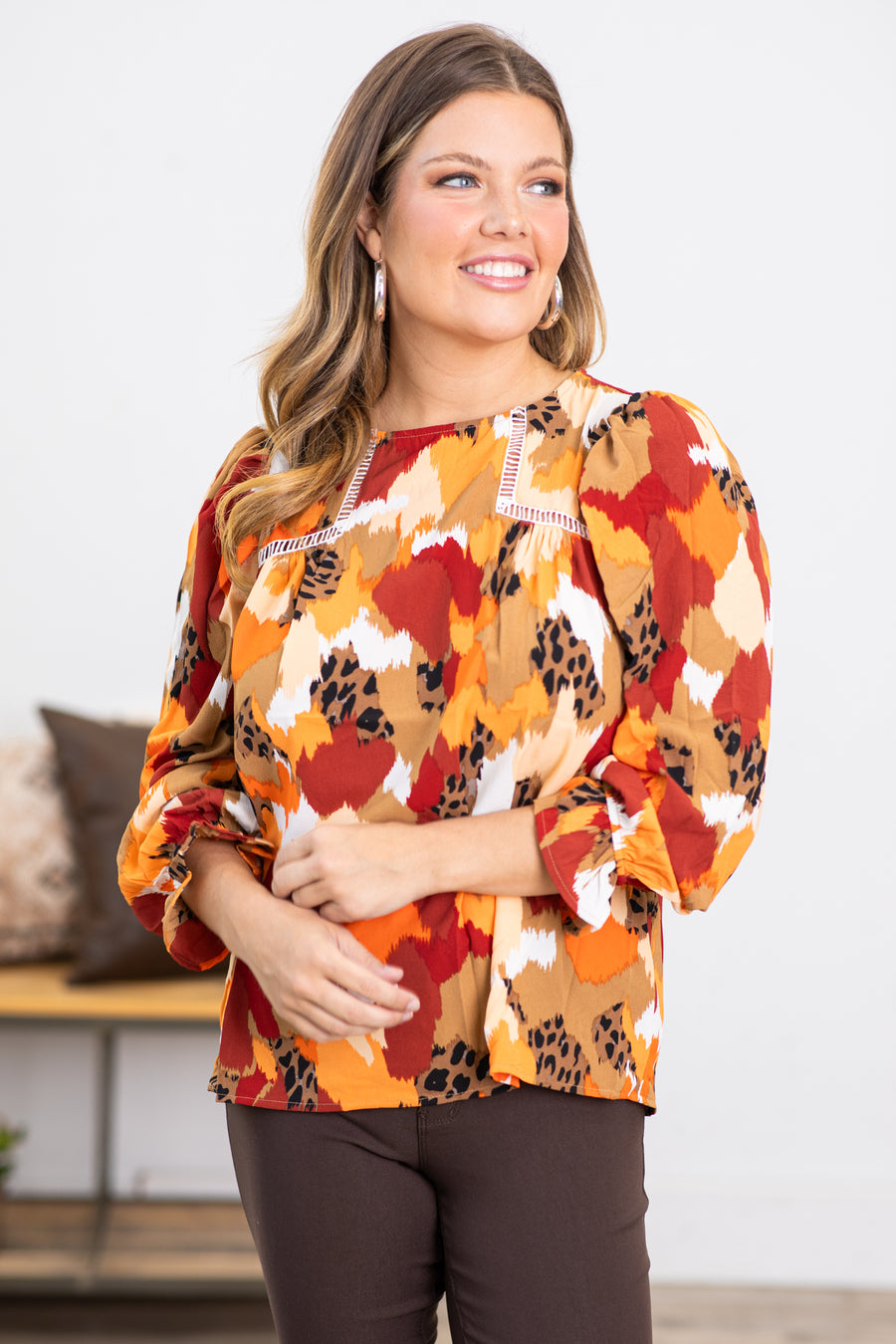 Wine and Orange Abstract Print Top