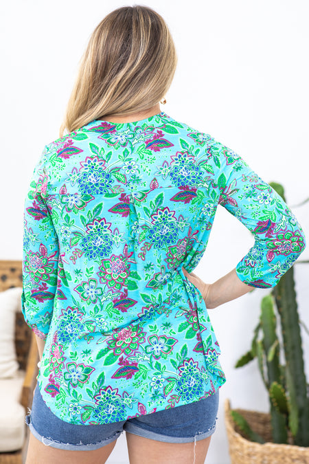 Aqua Floral Wrinkle Free Top