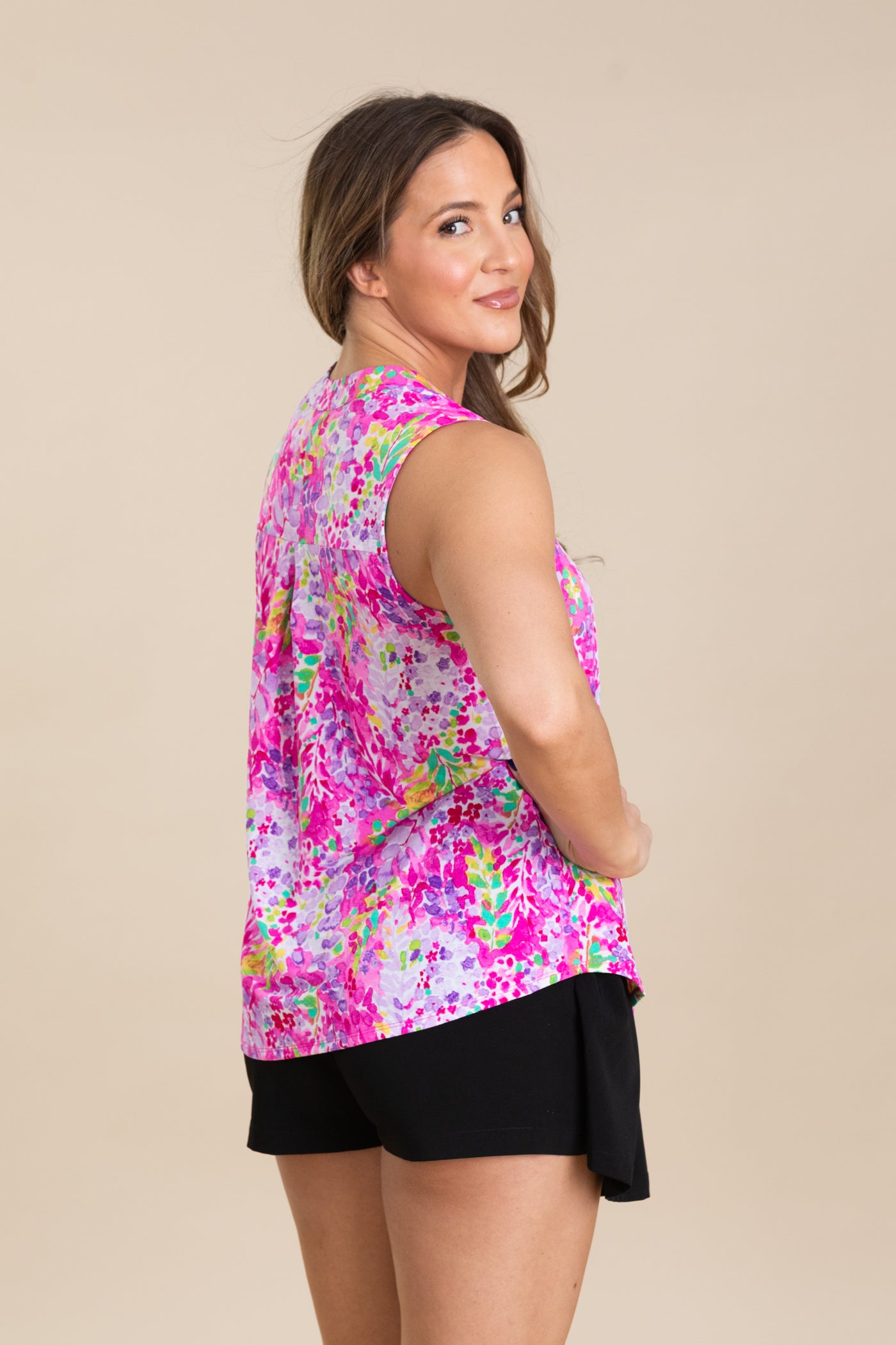 Fuchsia Abstract Print V-Neck Wrinkle Free Top