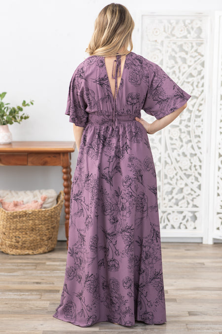 Mauve Blouse Floral Waist Band Maxi Dress