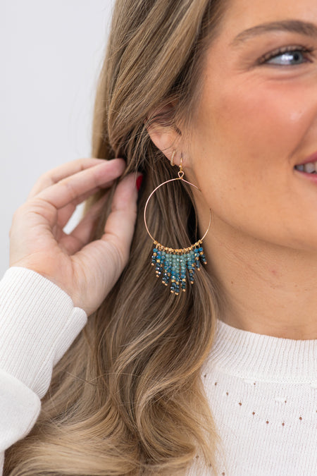 Gold and Teal Beaded Tassel Hoop Earrings