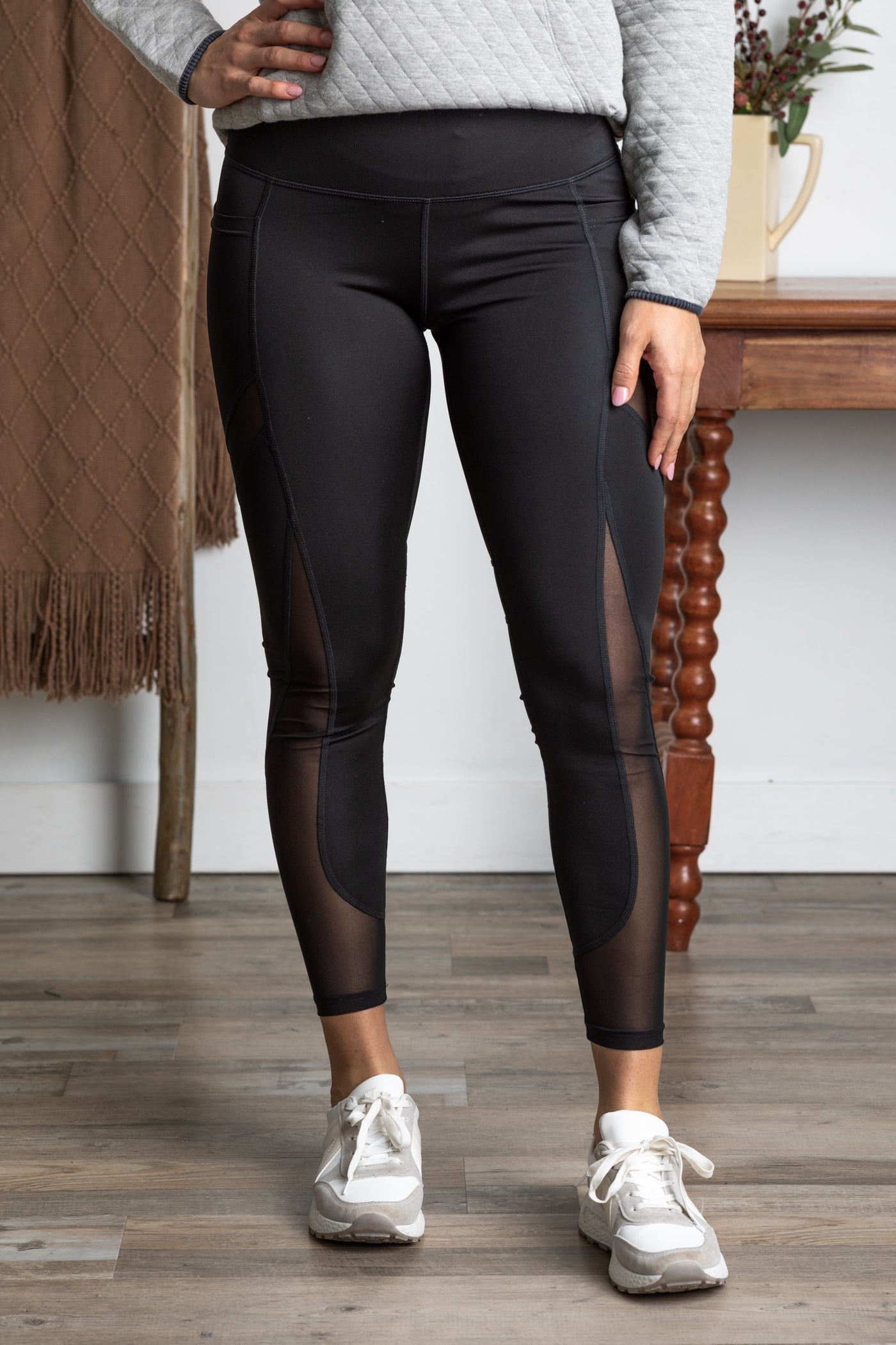 Black With Mesh Insert Leggings With Pockets