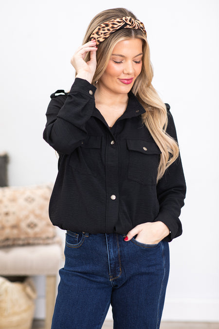 Black Snap Button Jacket With Chest Pockets