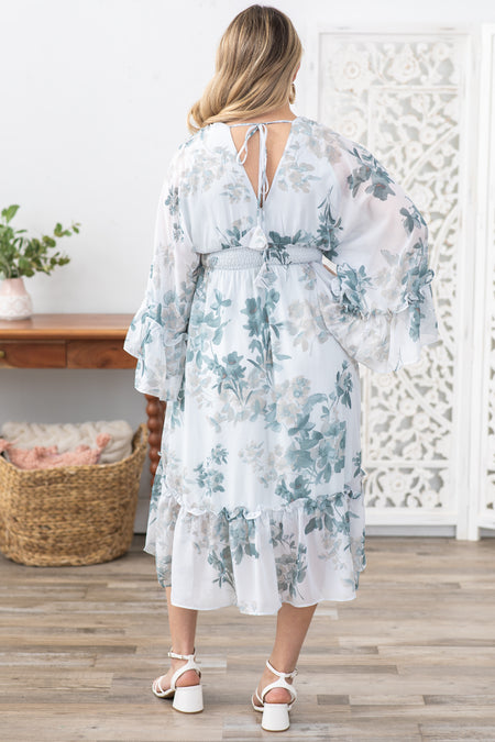 Dusty Teal Floral Print Long Sleeve Midi Dress