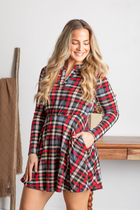 Red Plaid Long Sleeve Knit Dress With Pockets