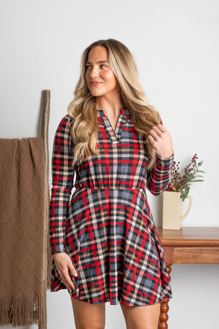 Red Plaid Long Sleeve Knit Dress With Pockets