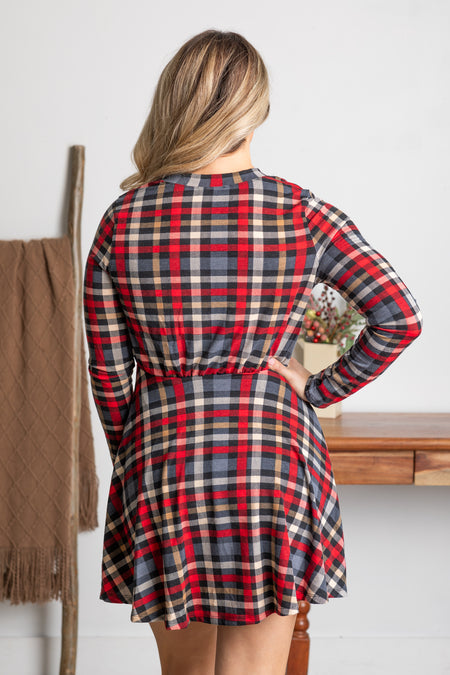 Red Plaid Long Sleeve Knit Dress With Pockets