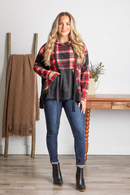 Black And Red Plaid Knit Drawstring Hoodie