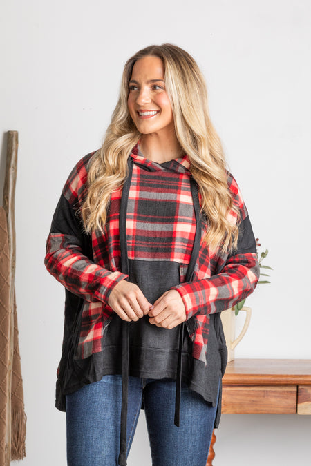 Black And Red Plaid Knit Drawstring Hoodie