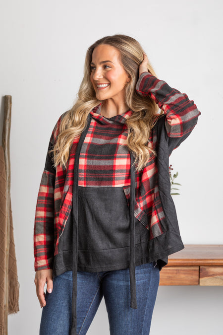 Black And Red Plaid Knit Drawstring Hoodie