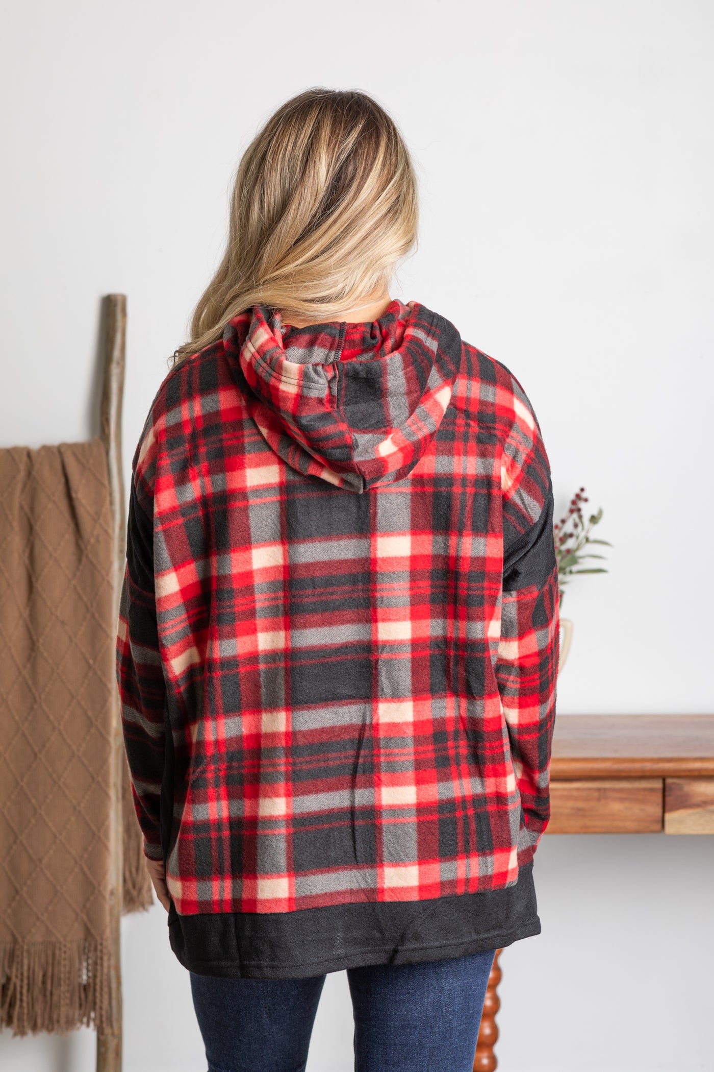 Black And Red Plaid Knit Drawstring Hoodie