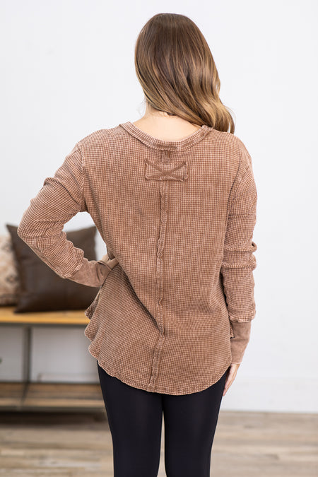 Mocha Washed Baby Waffle Knit Top