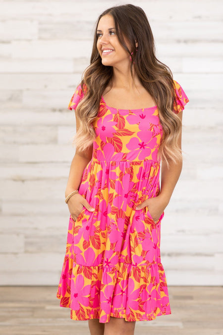 Hot Pink and Orange Floral Print Dress - Filly Flair