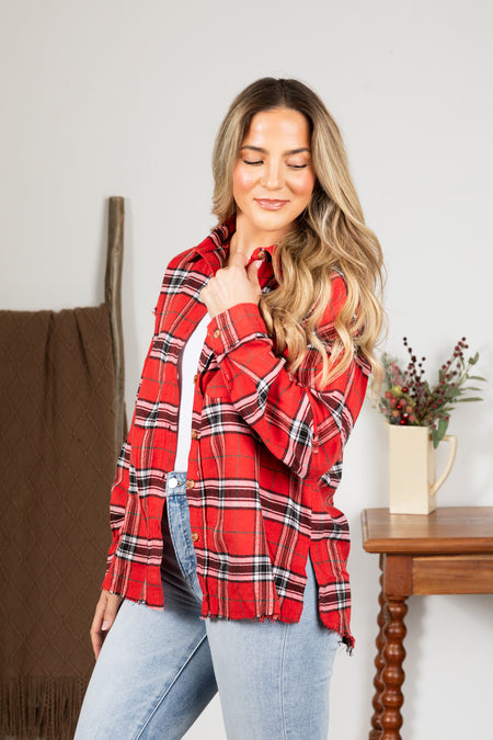 Red With Black Plaid Button Up Woven Top