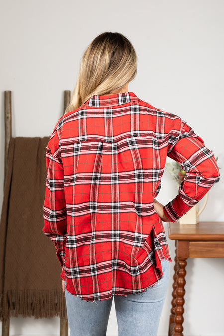 Red With Black Plaid Button Up Woven Top