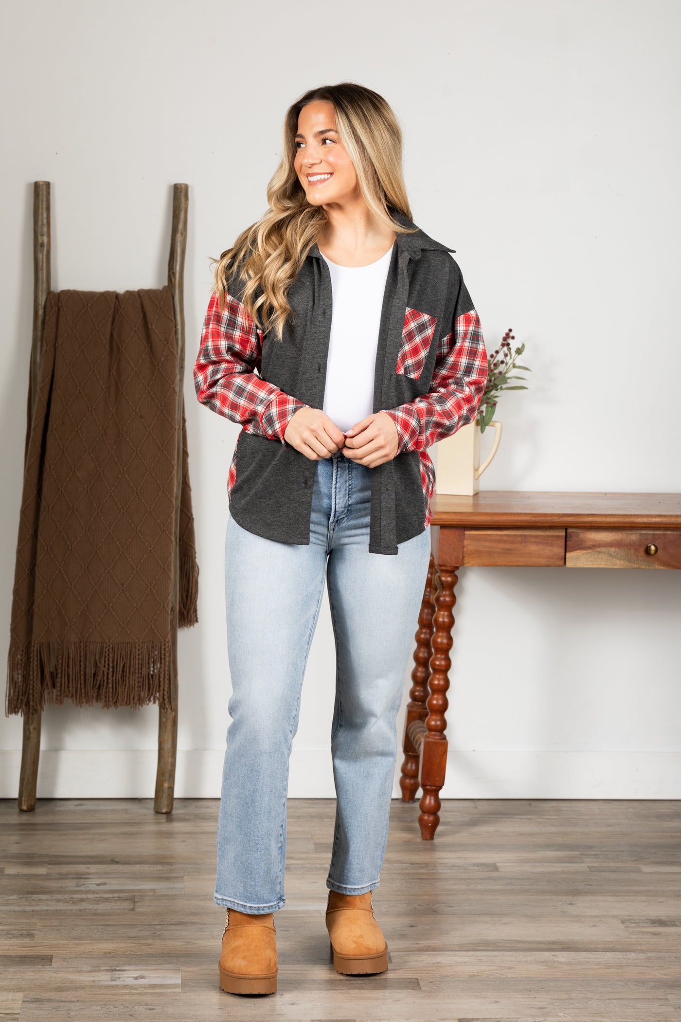 Charcoal With Red Plaid Sleeves Knit Shacket