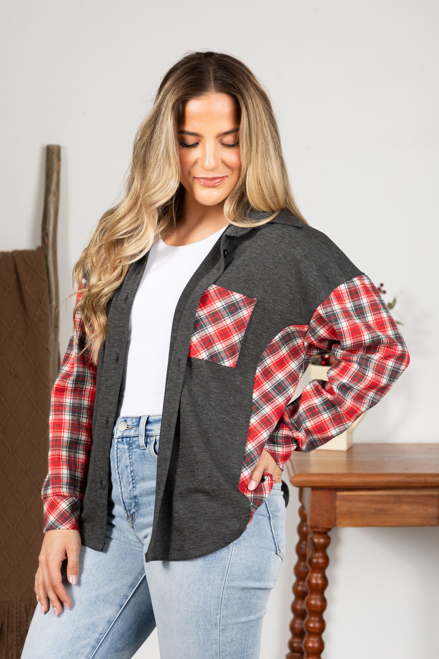 Charcoal With Red Plaid Sleeves Knit Shacket