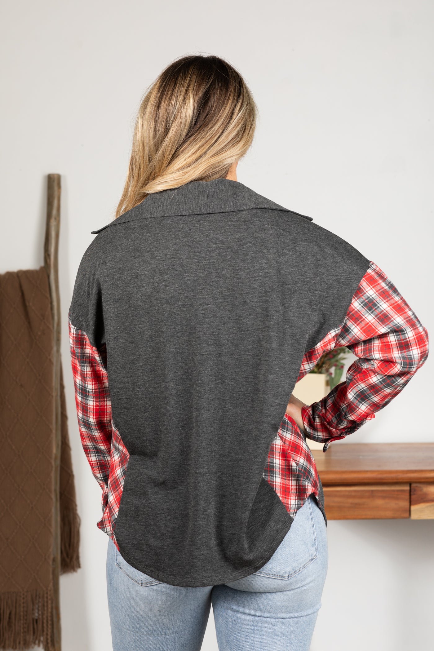 Charcoal With Red Plaid Sleeves Knit Shacket