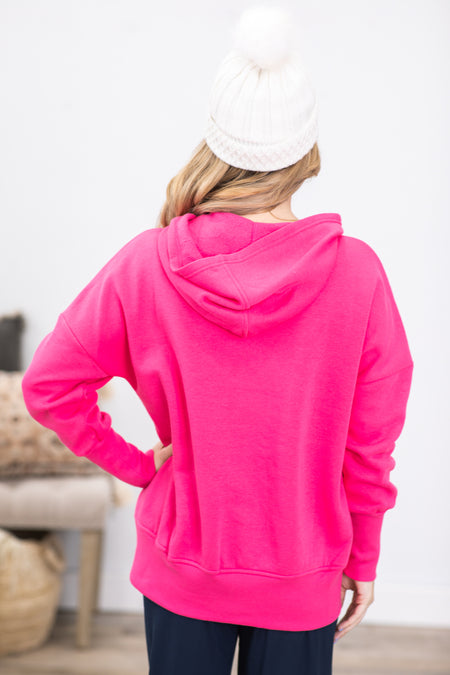 Hot Pink Half Button Fleece Hooded Pullover