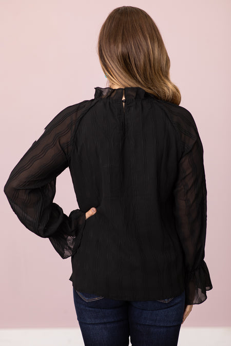 Black Crystal Pleat Trumpet Sleeve Top