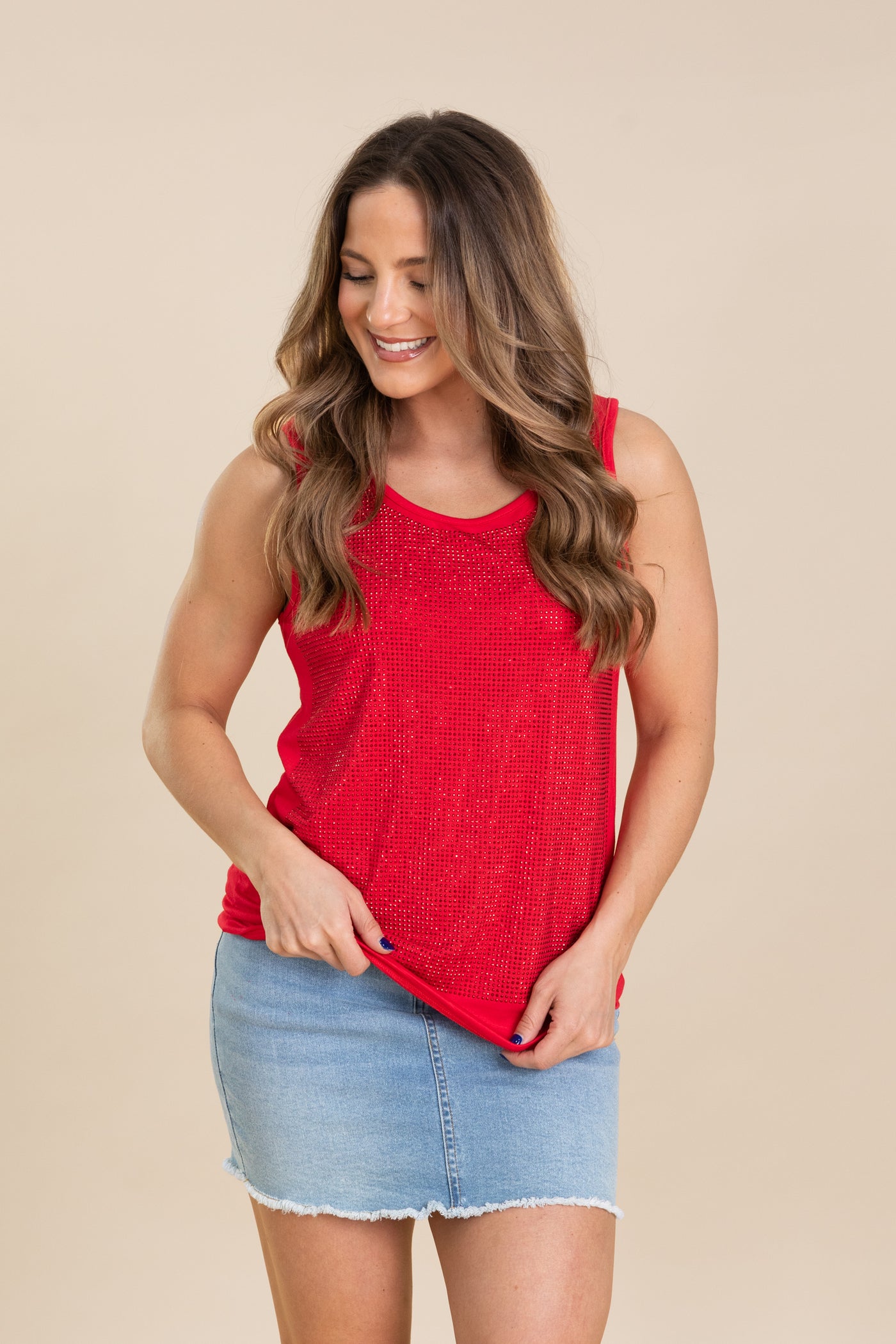 Red Tank Knit Top With Rhinestones