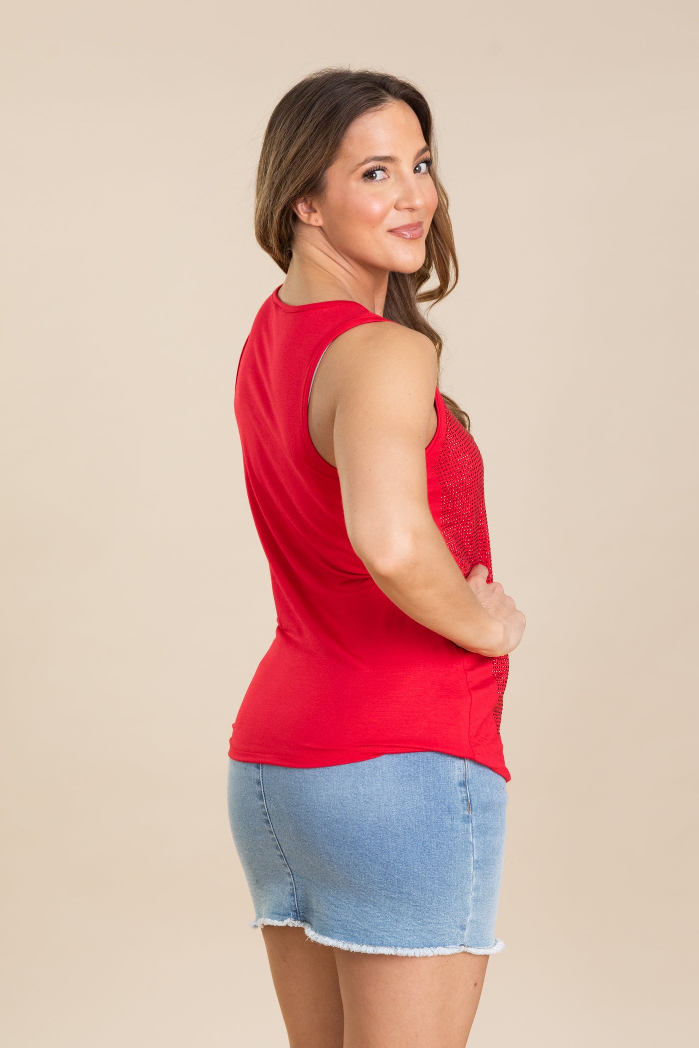 Red Tank Knit Top With Rhinestones