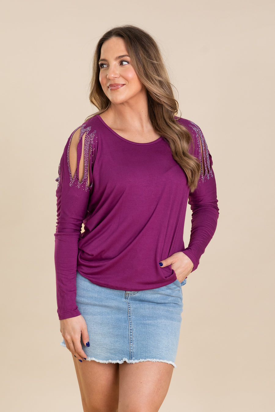 Berry Laser Cut Rhinestone Knit Top