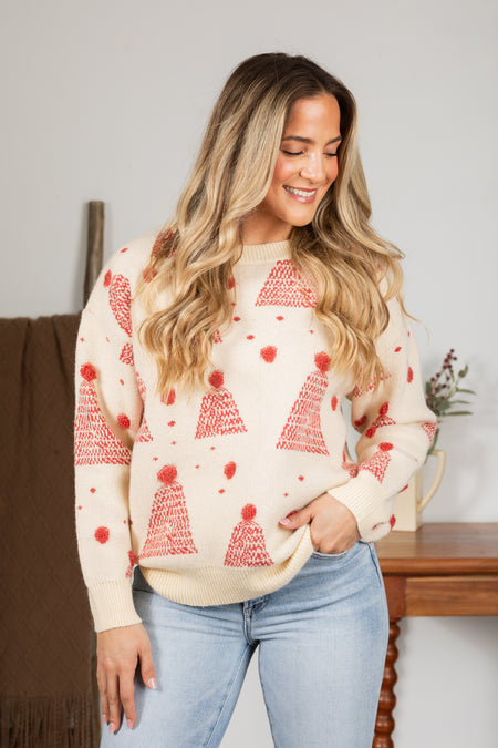 Holiday Tree Print Pompom Detail Sweaters