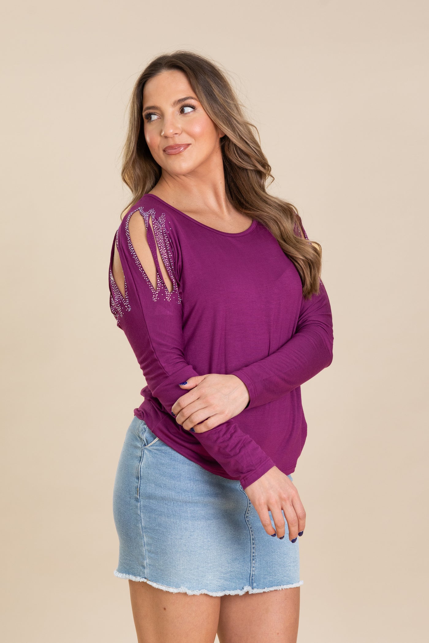 Berry Laser Cut Rhinestone Knit Top