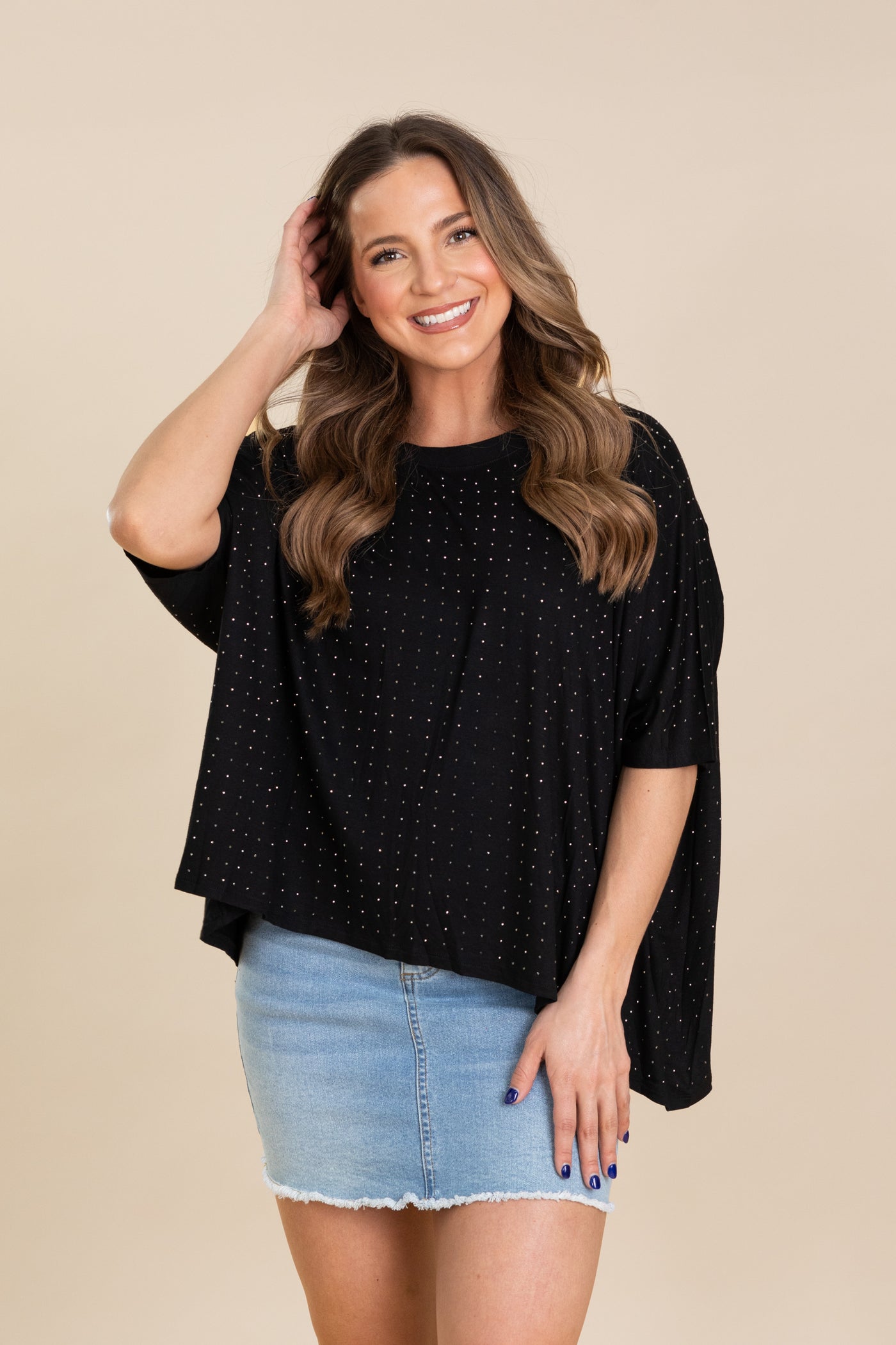 Black Oversized Mid Sleeve Rhinestone Knit Top