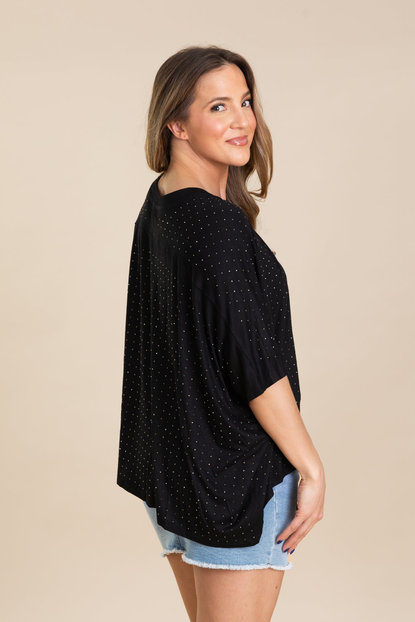 Black Oversized Mid Sleeve Rhinestone Knit Top