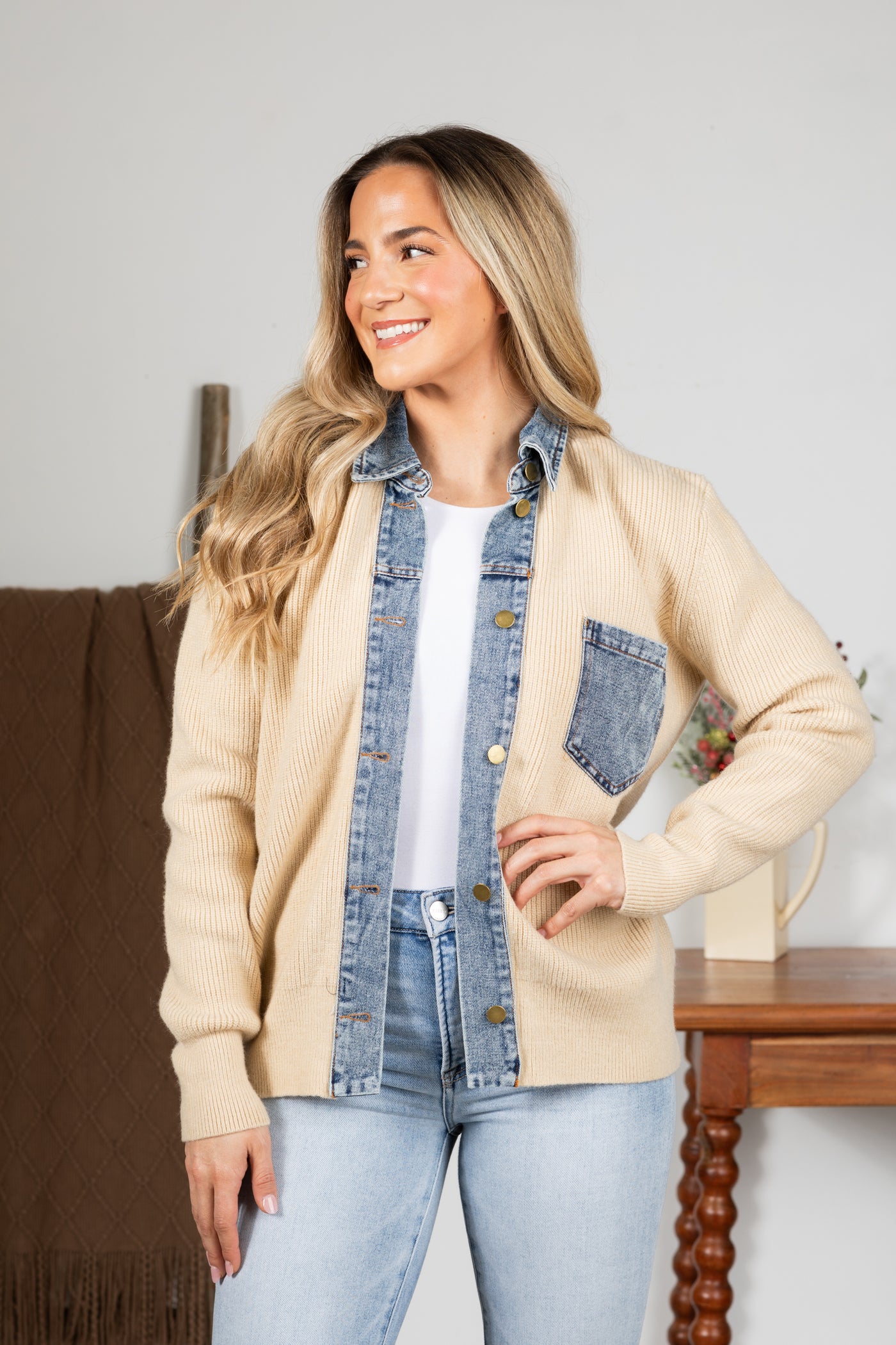 Beige With Denim Contrast Jacket