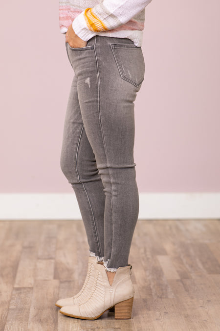 Kancan Grey Skinny Jeans With Distressed Hem