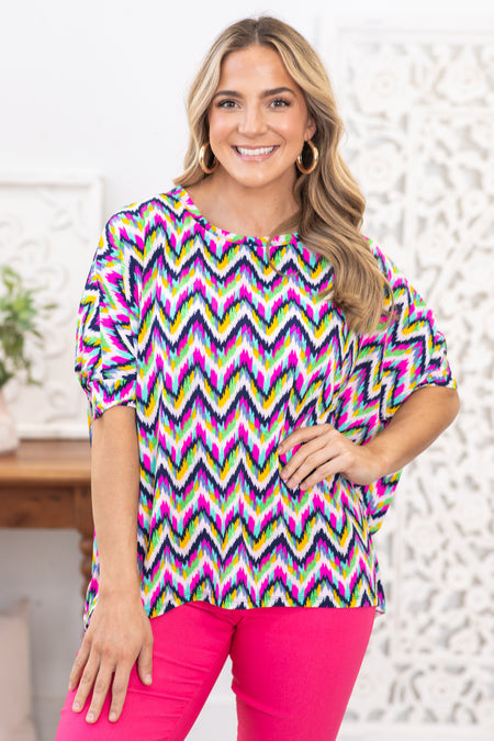 Navy Multicolor Chevron Wrinkle Free Top